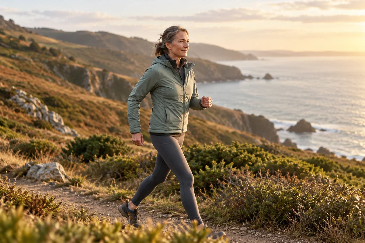 Mature woman in a sage jacket walking on a coastal path