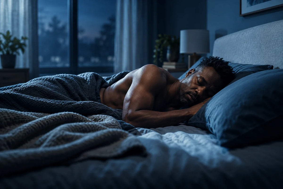 Man sleeping on his side in a softly lit blue bedroom